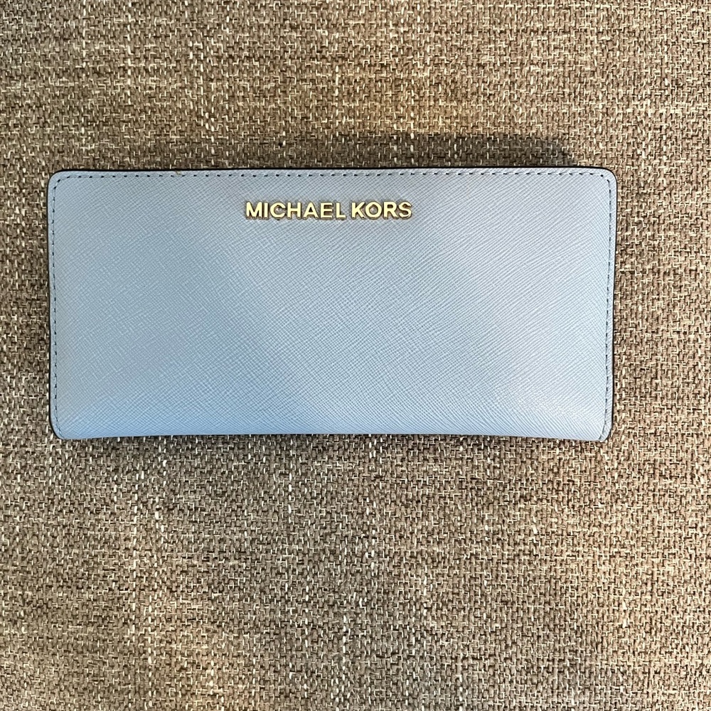 Michael Kors Powder Blue Saffiano Continental Wallet with Gold Logo